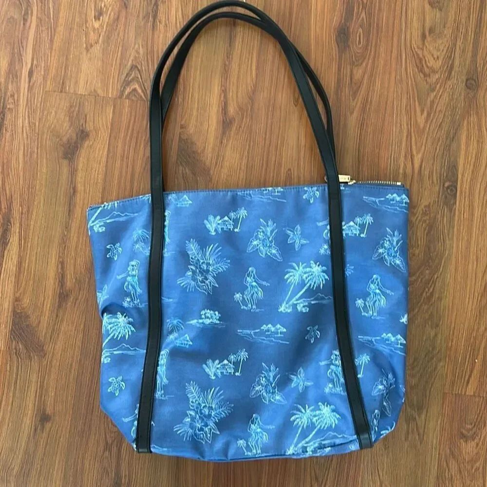 Tommy Bahama Hawaiian hula girl palm tree blue tote bag